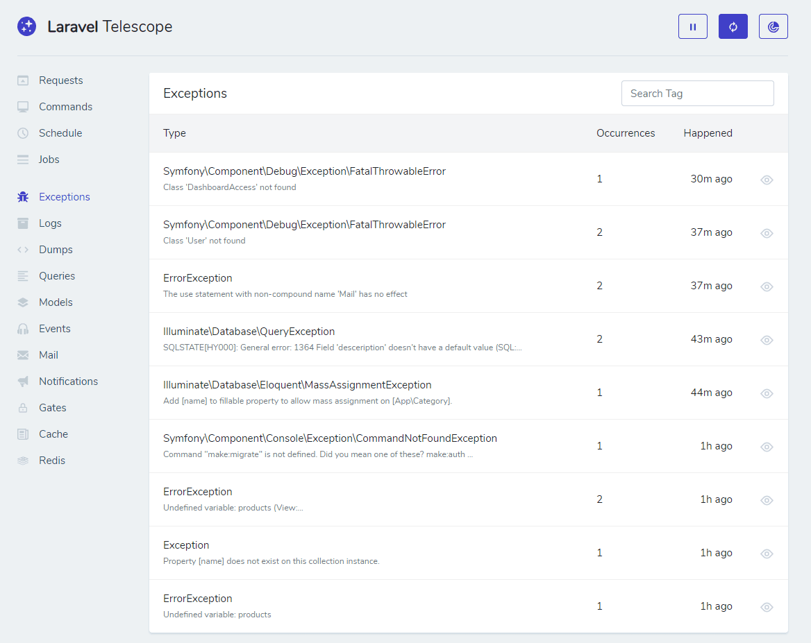 Laravel Telescope - Exceptions