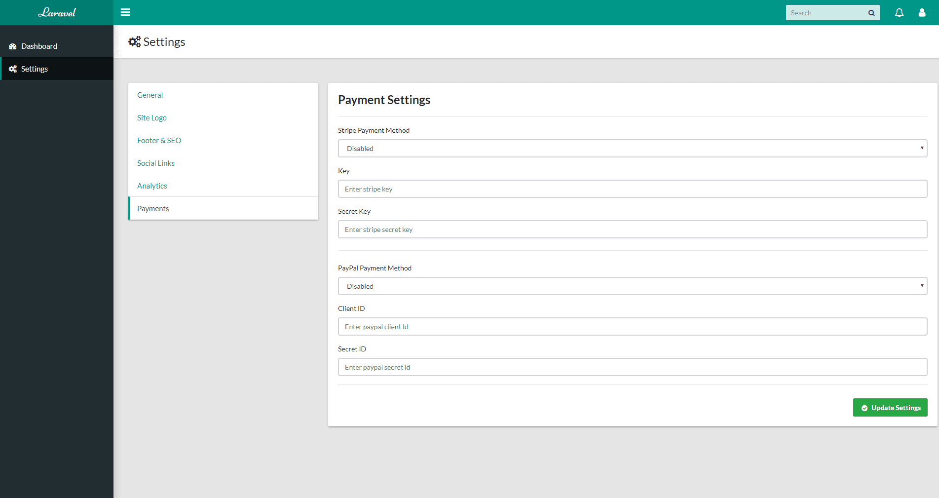 Settings Section - Payments