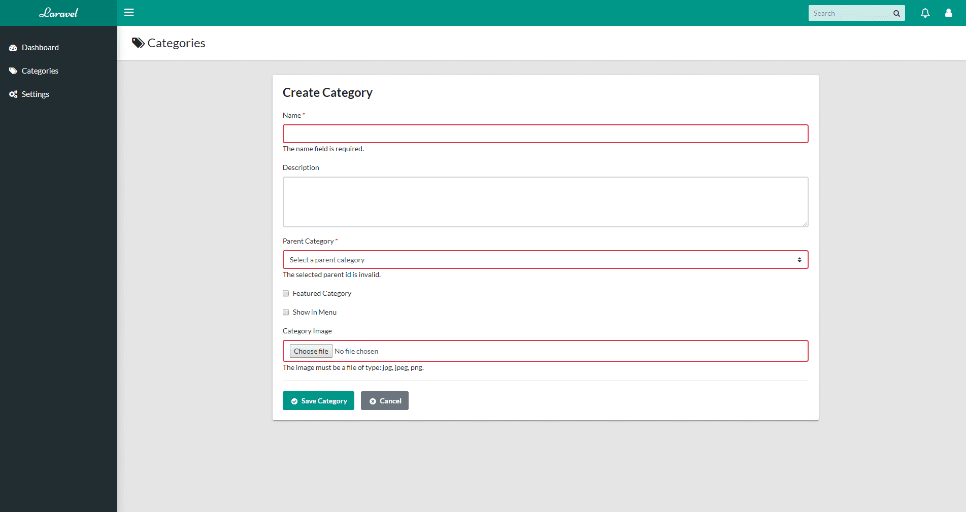 Categories Create View with Validation Messages