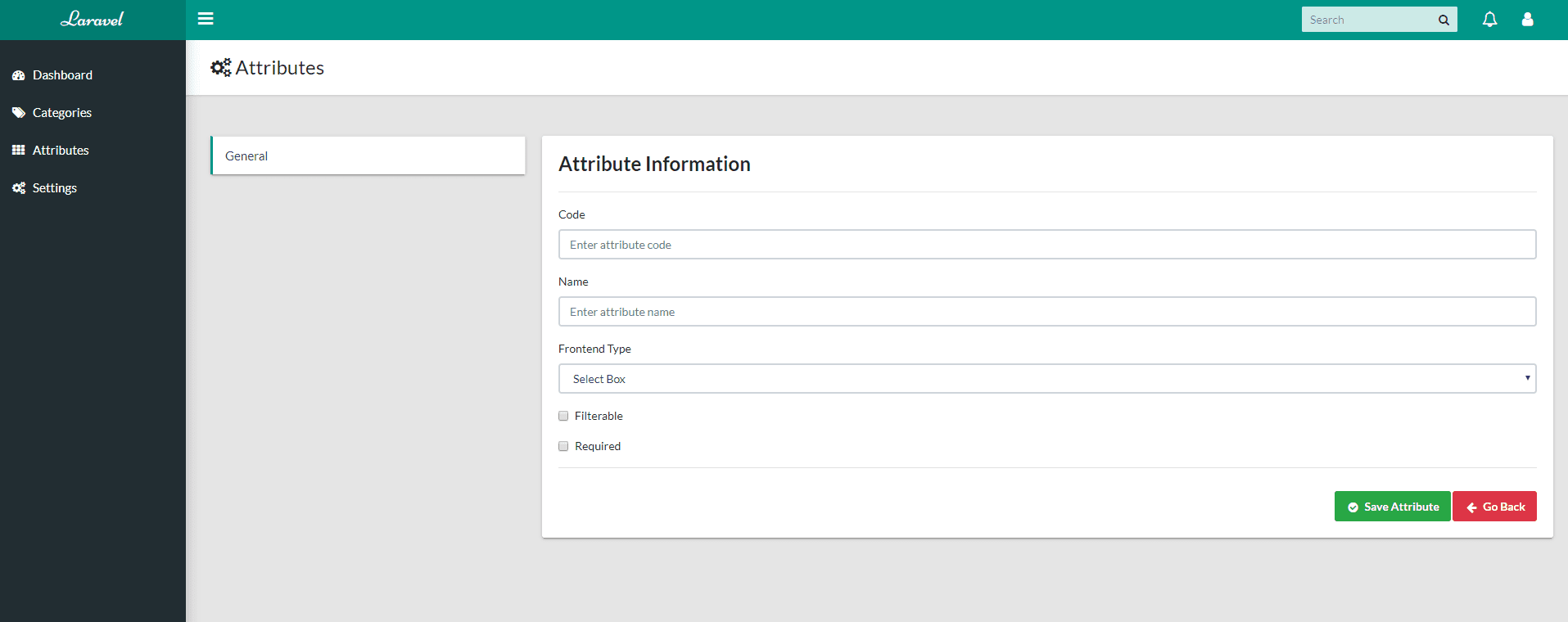 Attributes Section - Create Page