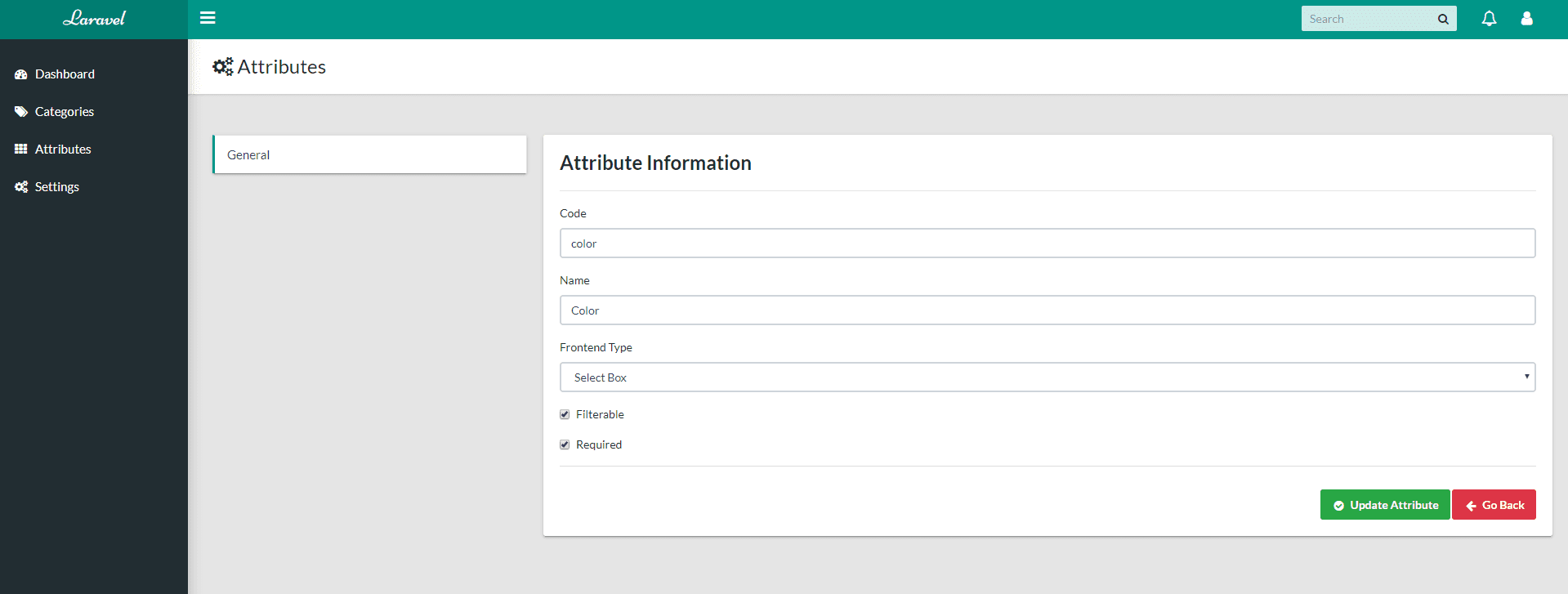 Attributes Section - Edit Page