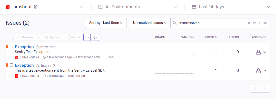 Sentry Erro Log Entry through Route