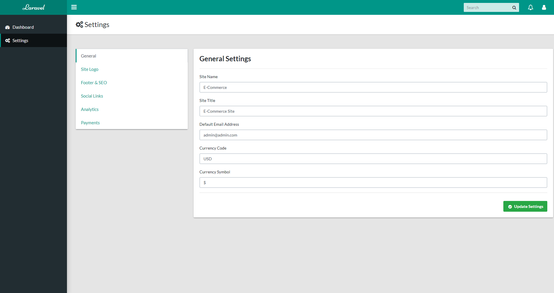 Settings Section - General